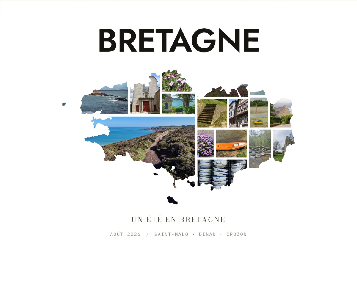 Affiche Bretagne en format paysage : la région remplie de photos de côtes, de ports, de maisons à colombages et d'hortensias, titre BRETAGNE