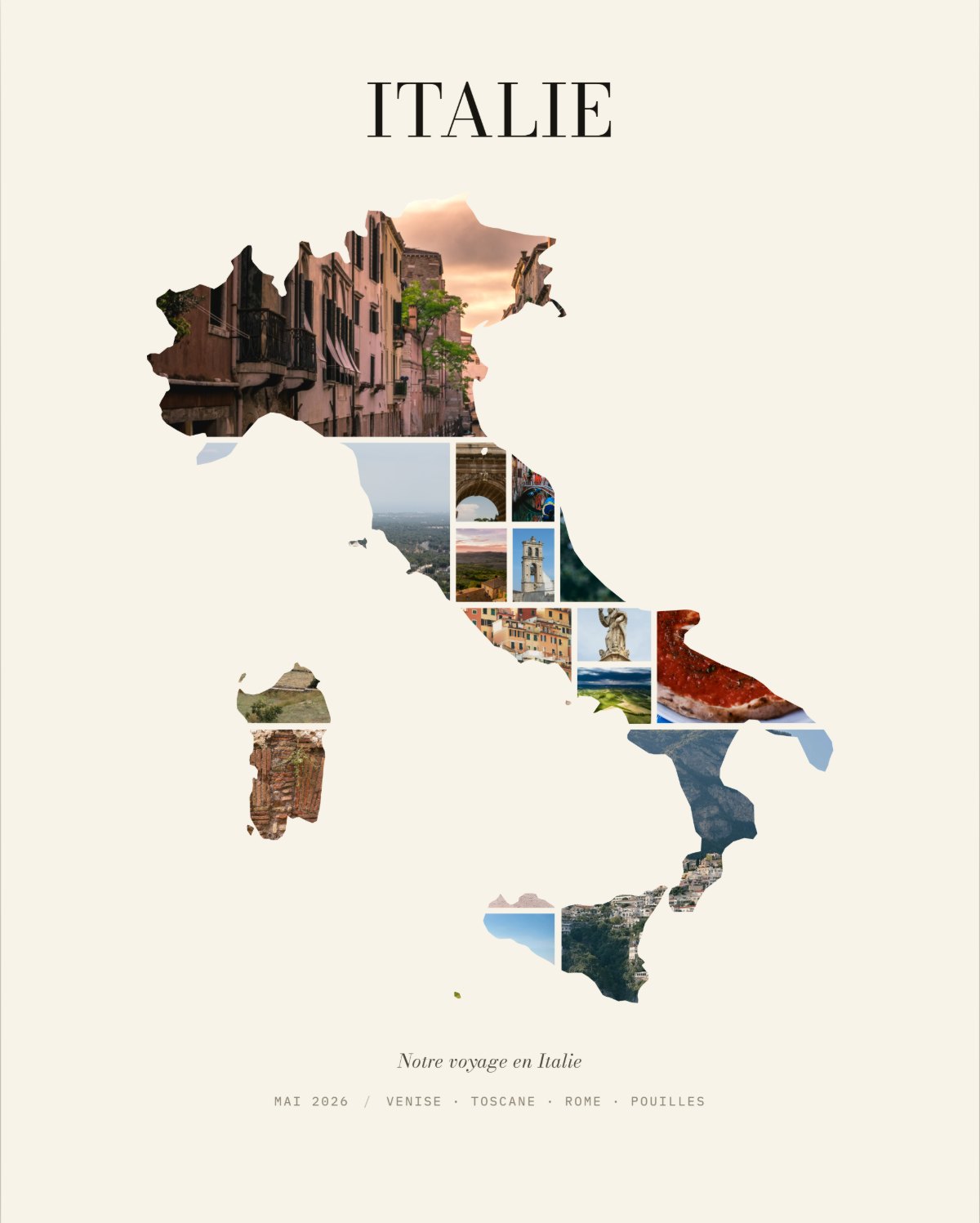 Affiche Italie : la botte remplie de photos de Venise, de Toscane, de Rome et des Pouilles, titre ITALIE