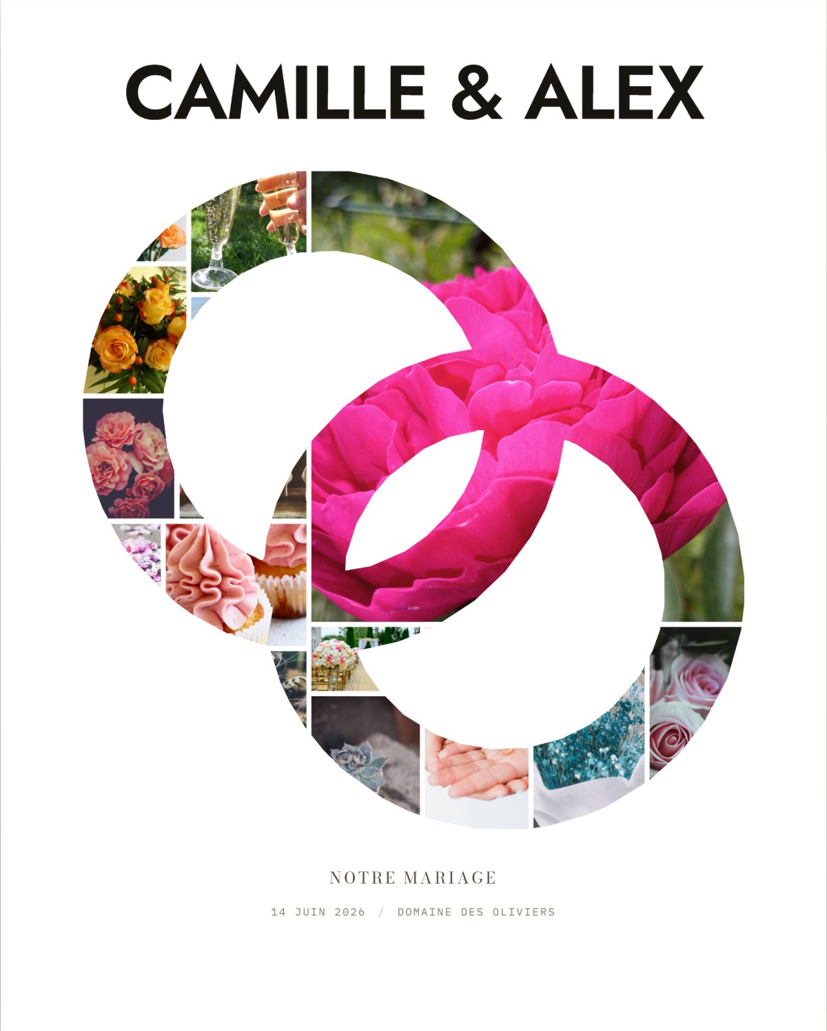 Affiche de mariage : deux alliances entrelacées remplies de photos de bouquets, d'alliances et de roses, titre CAMILLE & ALEX