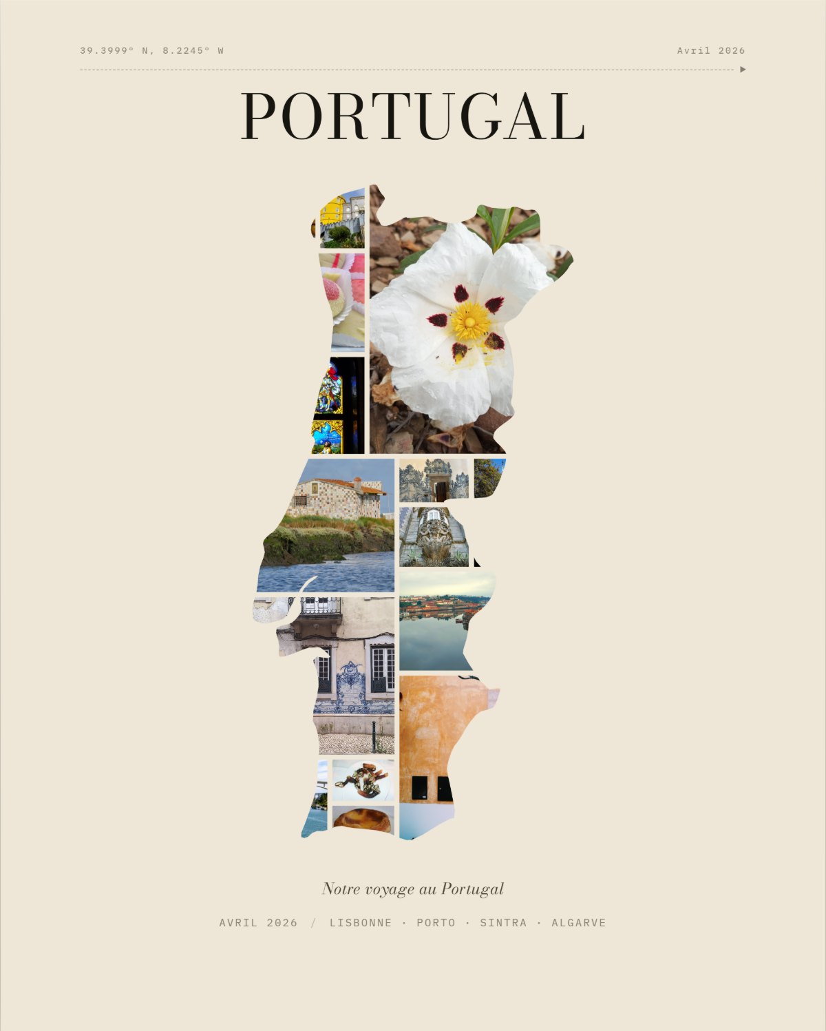 Affiche Portugal : le pays rempli de photos d'azulejos, de façades colorées, de palais et de côtes, titre PORTUGAL