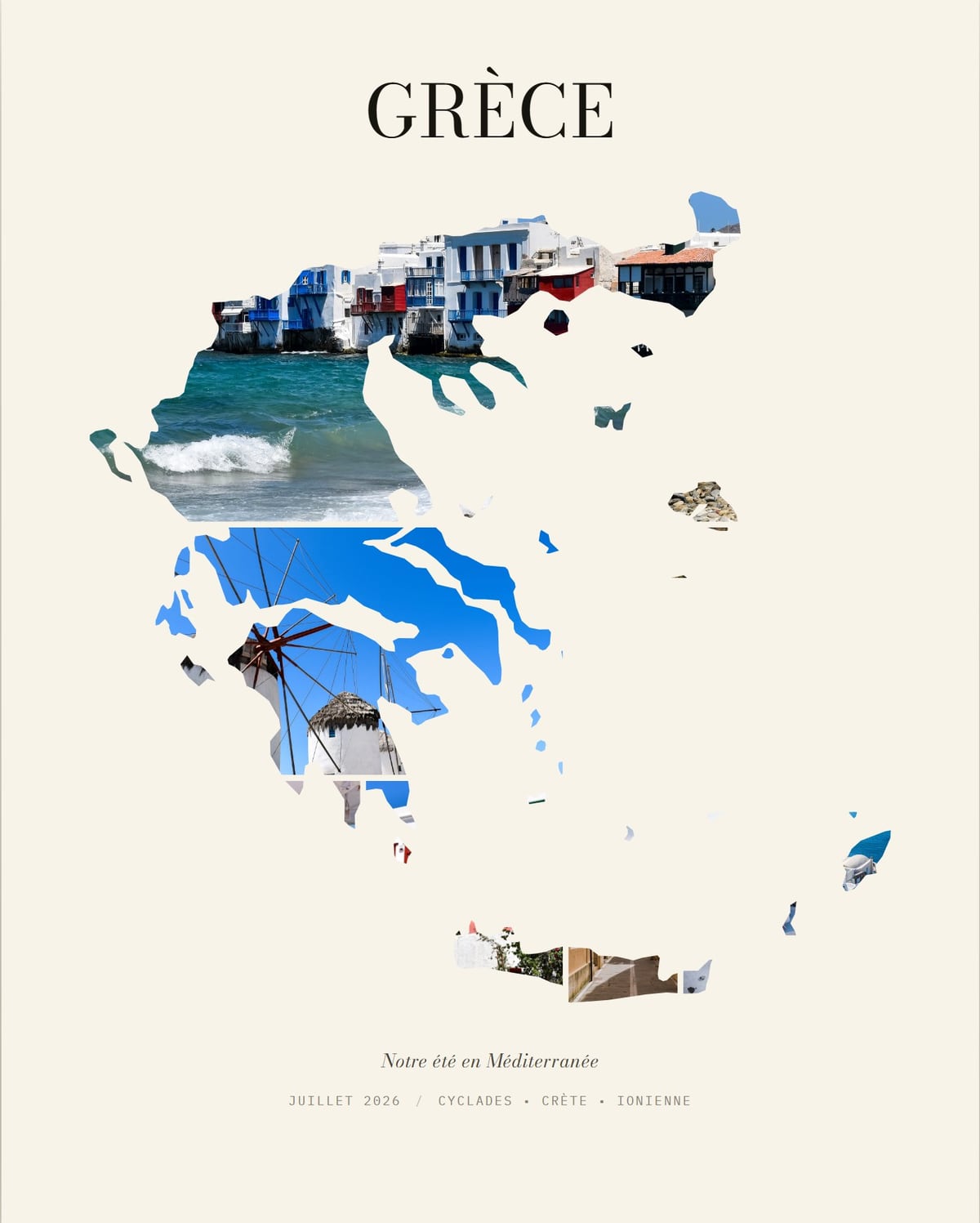 Affiche de voyage : la carte de la Grèce remplie de vraies photos de vacances